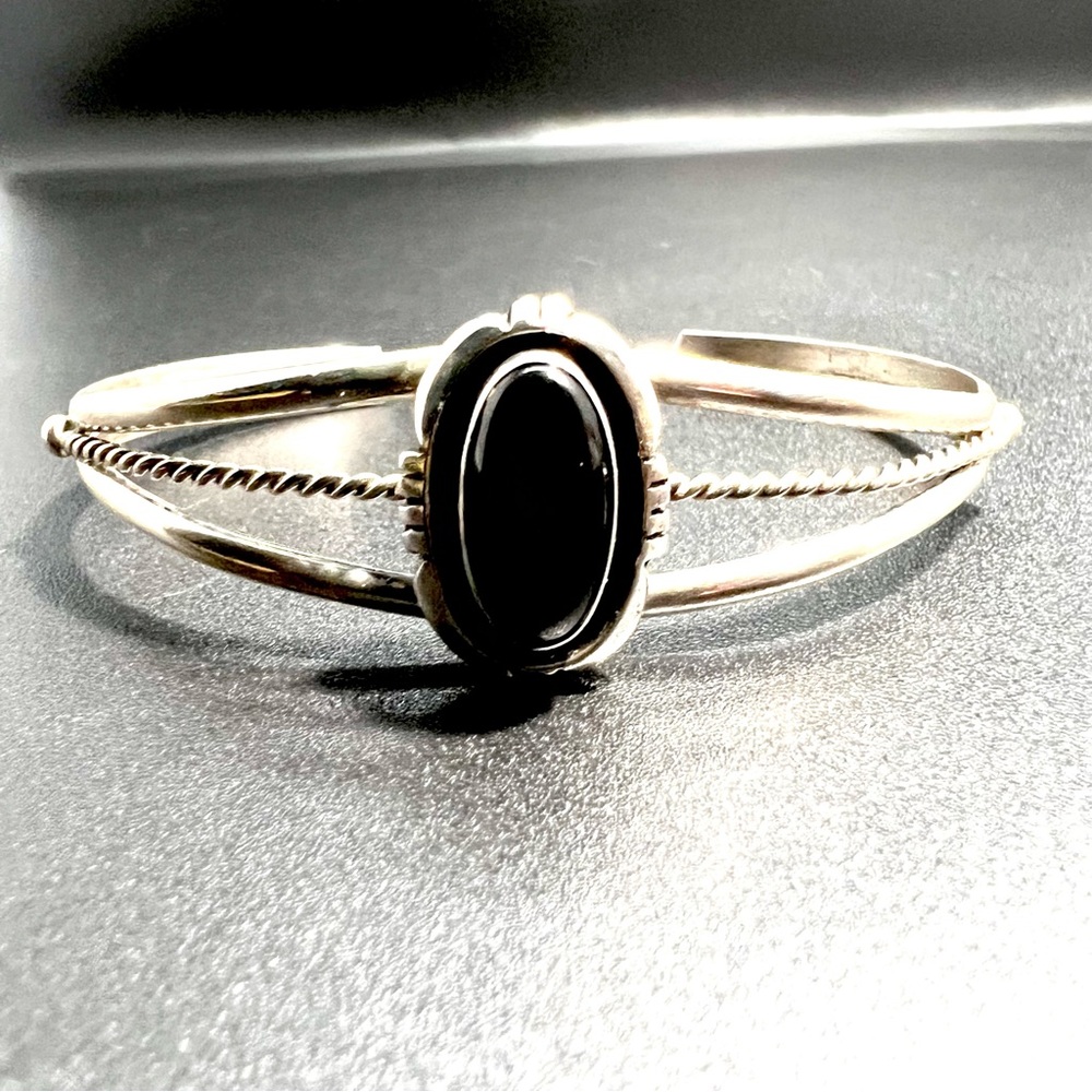 L.M. Nez Navajo Artist Signed Sterling Silver Onyx Cuff Bracelet Native American
